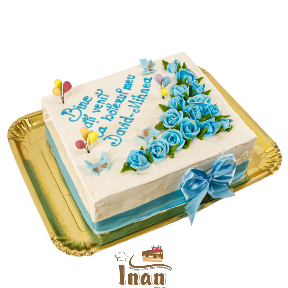 TORT BOTEZ CU TRANDAFIRI ŞI FUNDIŢĂ -I0003