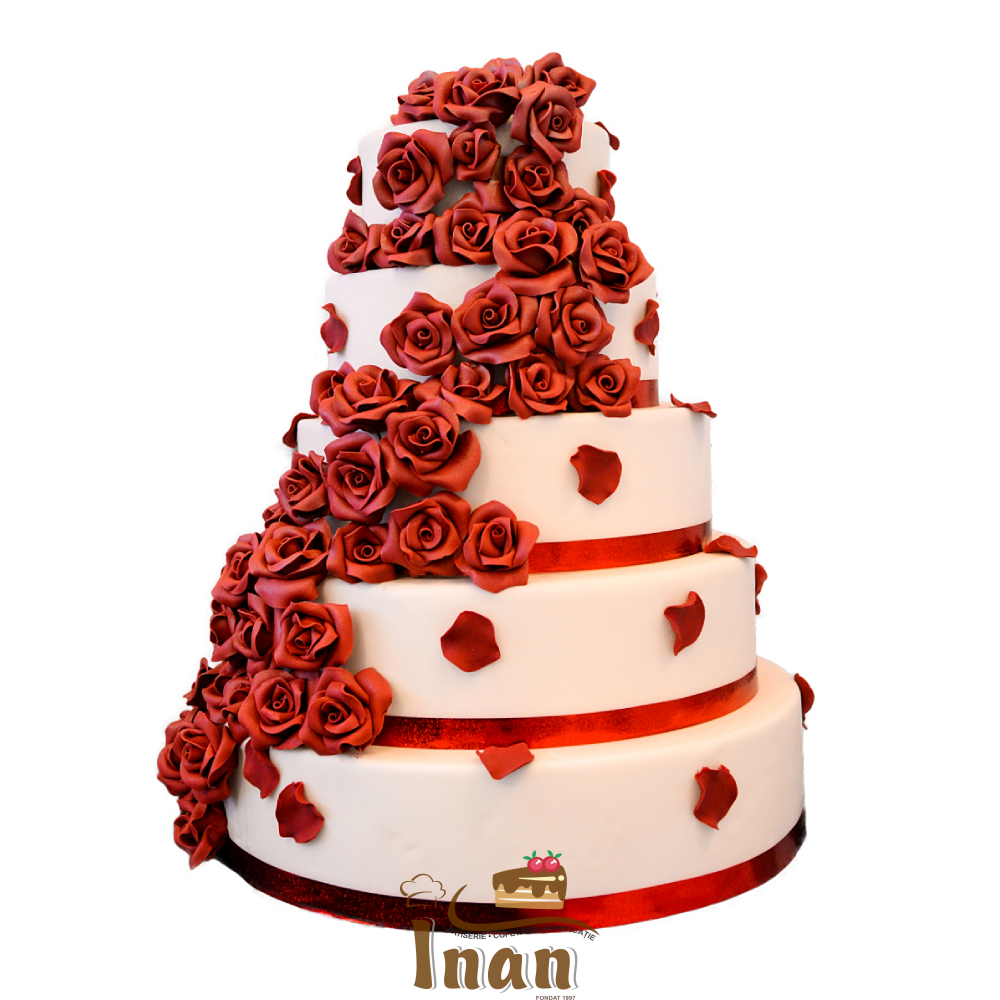 TORT CU TRANDAFIRI ROŞII ŞI BENTIŢE ÎN MARŢIPAN -I0185